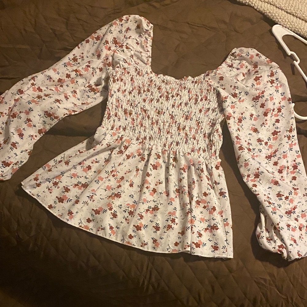 SHEIN White Floral Smocked Blouse